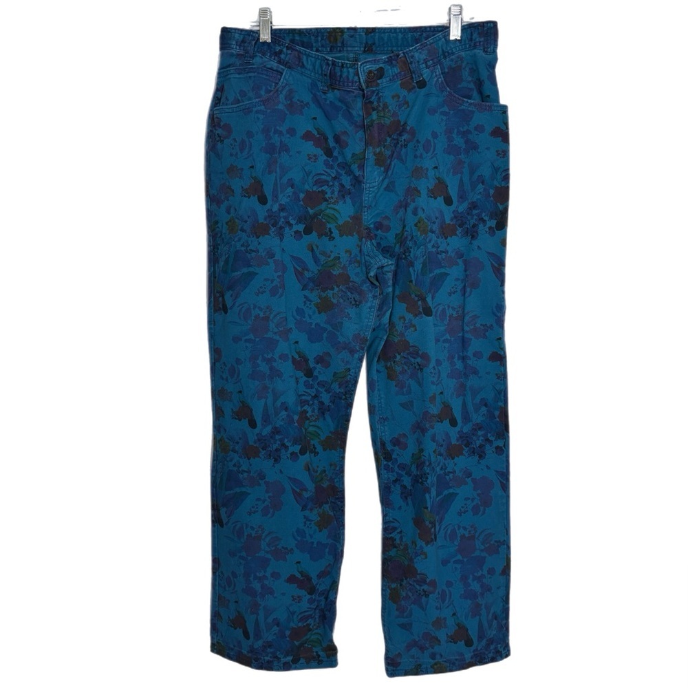 Handmade bright blue floral print high rise straight leg jeans